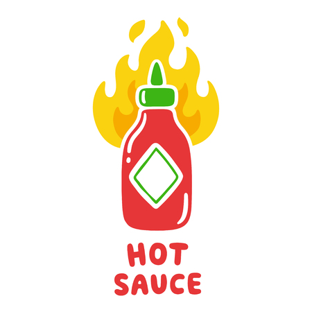 Hot sauce bottle with fire flames. Cute cartoon spicy condiment vector illustration.のイラスト素材