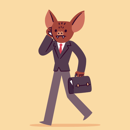 Funny cartoon Bat Man character in business suit talking on mobile phone. Businessman character vector illustration.のイラスト素材