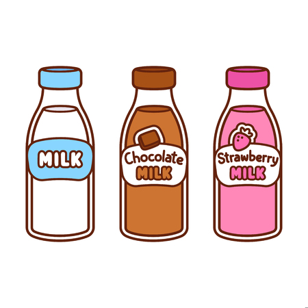 Cute cartoon milk bottles drawing set. Chocolate, strawberry, banana and regular milk. Isolated vector illustration.のイラスト素材