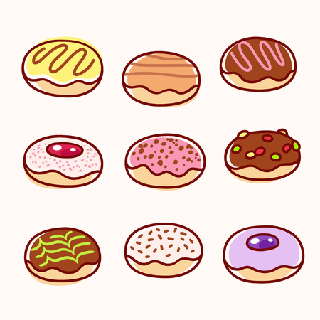 Set of hand drawn donut doodles. Different glazed jelly filled donuts vector illustration.のイラスト素材