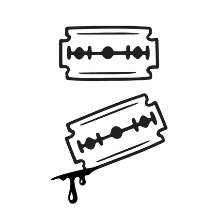Razor blade with blood dripping from cut. Hand drawn razorblade doodle, isolated vector clip art illustration.