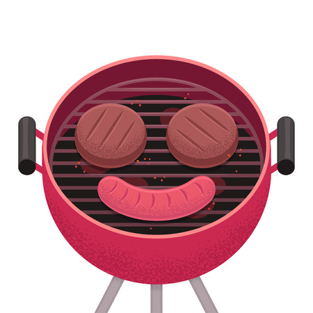 Hamburger patties and sausage in shape of smiley face on barbecue grill. BBQ food in flat cartoon style with texture, isolated vector illustration.のイラスト素材