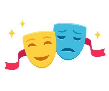 Comedy and tragedy masks with red ribbon, traditional symbol of theater. Yellow happy and blue sad face mask icon, simple cartoon vector illustration.のイラスト素材