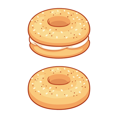 Everything bagel with cream cheese, traditional American breakfast or lunch food. Isolated vector illustration.のイラスト素材