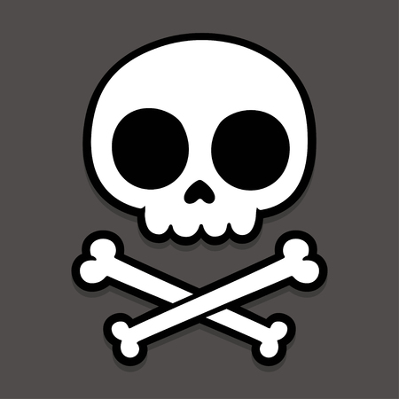Cute stylized cartoon skull and crossbones doodle. Simple hand drawn Jolly Roger sign, vector illustration on dark background.のイラスト素材