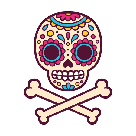 Cartoon Mexican sugar skull vector illustration for Dia de los Muertos (Day of the Dead). Cute and simple skull drawing with crossed bones.のイラスト素材