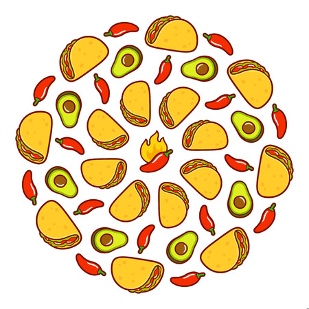 Mexican food round pattern. Circle of tacos, avocados and red chili peppers. Bright cartoon vector illustration on white background.のイラスト素材