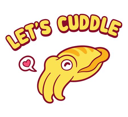 Cute cartoon cuttlefish with text "Let's cuddle" and heart sign. Kawaii Valentines day greeting card. Isolated vector clip art illustration.のイラスト素材