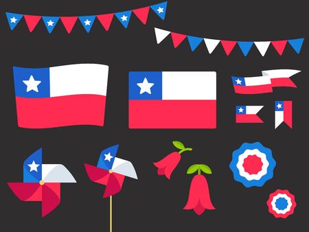 National Holiday Fiestas Patrias (Dieciocho), Independence Day of Chile, vector design elements set. Chilean flags, ribbons, pinwheels, rosettes, national flower Copihue.のイラスト素材