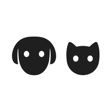 Cat and dog head icon. Simple stylized pet face pictogram, black silhouette with eyes. Vector illustration set.のイラスト素材