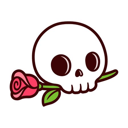 Cartoon skull with rose, traditional tattoo design in simple cute style. Isolated vector clip art illustration.のイラスト素材