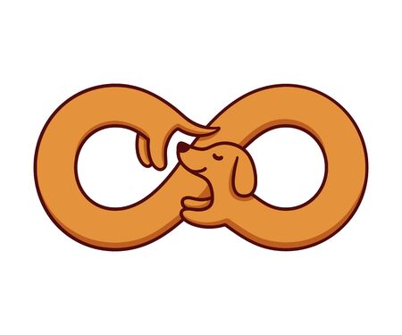 Cute cartoon dachshund with infinity symbol shaped body, funny long wiener dog. Isolated vector illustration.のイラスト素材