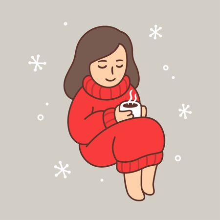Cozy warm doodle of cute girl in oversized sweater holding cup of hot tea or coffee. Winter holidays time. Simple vector illustration.のイラスト素材