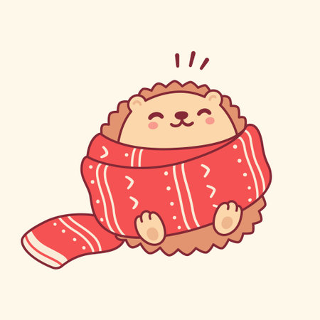Cute cartoon hedgehod in big warm scarf. Adorable baby hedgehog drawing, isolated vector illustration. Winter holidays greeting card.のイラスト素材