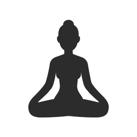Woman meditating sitting in lotus pose, stylized female body silhouette. Simple vector icon isolated on white. Yoga and meditation clip art illustration.のイラスト素材