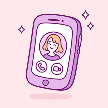 Video call on smartphone with cute cartoon girl on screen. Simple kawaii style vector illustration.のイラスト素材