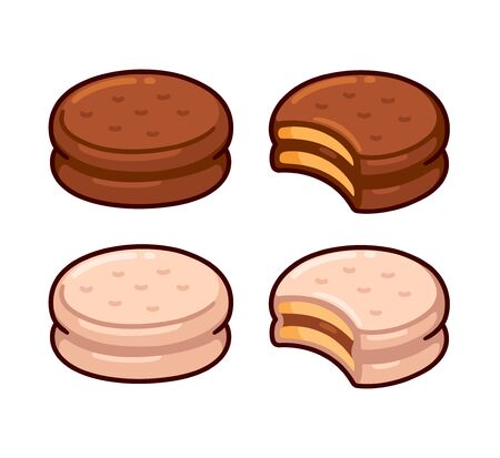 Alfajor chocolate covered cookie set. Traditional Argentinian sandwich cookies with filled dulce de leche. Isolated vector clip art illustration.のイラスト素材