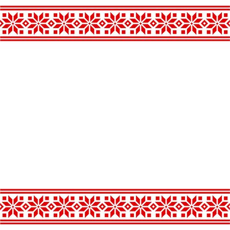 Ethnic Slavic embroidery pattern border. Traditional geometric ornament template, red and white vector design.のイラスト素材