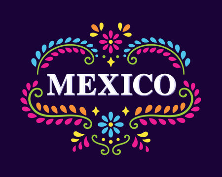 Text Mexico with beautiful floral ornament of traditional Mexican embroidery patterns. Colorful ethnic design banner, vector illustration.のイラスト素材