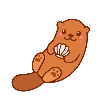 Cute cartoon otter holding seashell. Funny animal drawing in simple kawaii style. Vector character clip art illustration.のイラスト素材