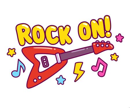 Bright cartoon electric guitar drawing with cool comic style music notes and stars and text Rock On! Simple cute rock-n-roll music vector illustration in hand drawn doodle style.のイラスト素材