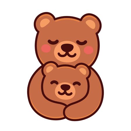 Cute cartoon bear mom hugging baby cub, sweet brown bears family drawing. Simple vector clip art illustration, kawaii mascot or logo.のイラスト素材