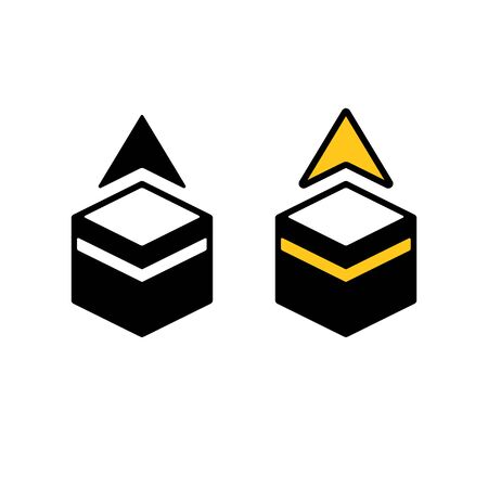 Qibla, Muslim prayer direction. Simple pictogram icon of Kaaba in Mecca with pointing arrow. Black and white and golden color vector pictogram.のイラスト素材