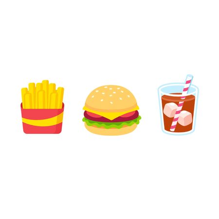 Cartoon fast food icon set. French fries, burger and glass of soda drink. Simple and colorful vector clip art illustration.のイラスト素材