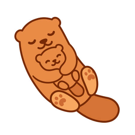 Cute cartoon otter mom hugging baby cub, Mother's Day drawing. Simple kawaii clip art illustration.のイラスト素材