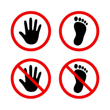 Human hand and foot in red circle, stop sign, do not touch, no walking. Simple black silhouette icons, vector illustration set.のイラスト素材