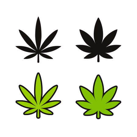 Cannabis leaf icon set. Two marijuana varieties, Indica and Sativa. Black and white silhouette and green cartoon line icons. Simple symbol vector clip art.のイラスト素材