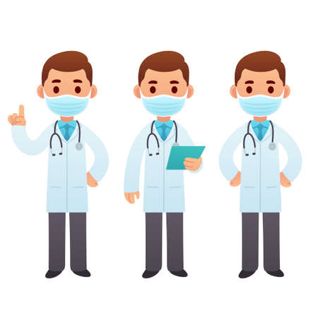 Cartoon doctor character illustration set. Male medic in face mask standing and pointing. Cute cartoon medical worker vector clip art.のイラスト素材