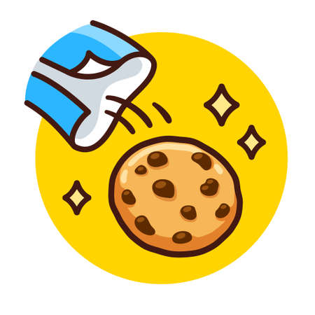 Chocolate chip cookie falling out of package. A Ãºltima bolacha do pacote in Portugese, Brazilian slang for being special. Cartoon vector illustration.のイラスト素材