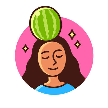 Colocar a melancia na cabeÃ§a (Put a watermelon on one's head in Portuguese) Brazilian expression for Show off. Woman with watermelon on her head, funny cartoon drawing. Vector clip art illustration.のイラスト素材