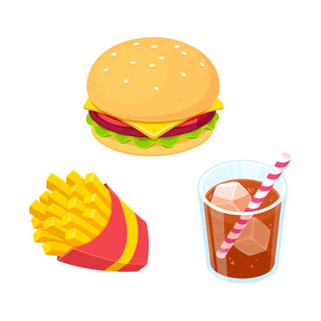 Cartoon fast food icon set. French fries, burger and glass of soda drink. Realistic colorful vector clip art illustration.のイラスト素材