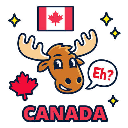 Funny cartoon moose with saying "Eh?" Canadian flag and other national symbols. Canada Day design elements set, vector clip art illustration.のイラスト素材