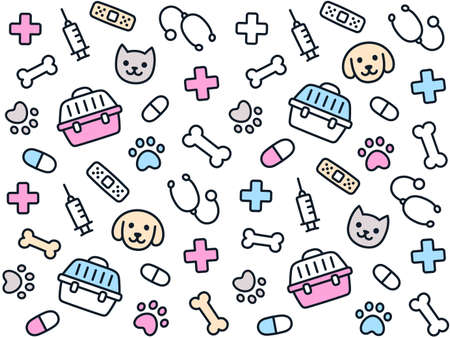 Cute vet seamless pattern. Hand drawn background of pet faces and veterinary equipment.のイラスト素材