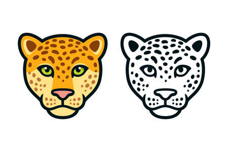 Cartoon jaguar or leopard head, color and black and white. Wild big cat face symbol, mascot design. Isolated vector illustration.のイラスト素材