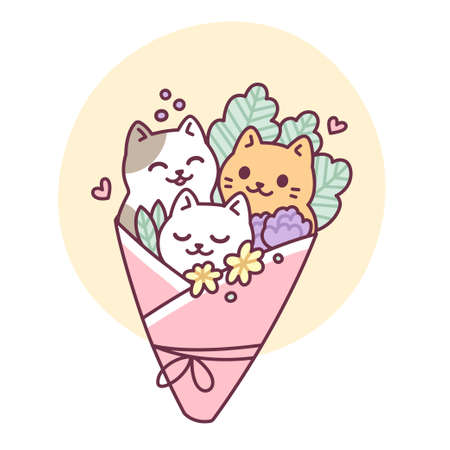 Cute cartoon cat bouquet drawing. Hand drawn kawaii kitties with flowers. Simple doodle vector illustration.のイラスト素材