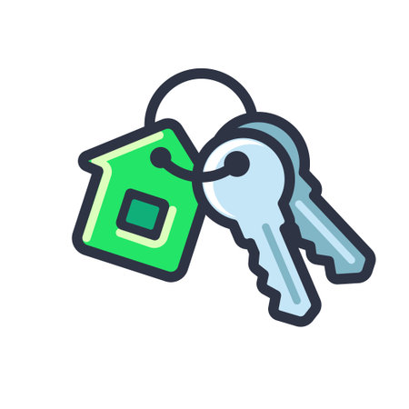 Cartoon house keys icon with house shaped key ring. New home symbol. Isolated vector clip art illustration.のイラスト素材