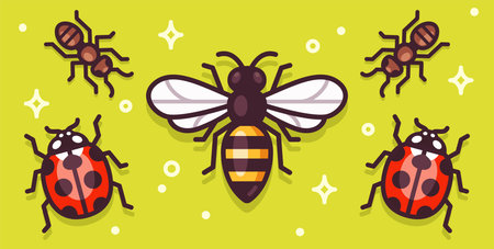 Cartoon insects illustration on a bright banner. Bee, ants and ladybugs. Simple vector clip art set.