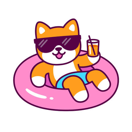 Funny cartoon dog in sunglasses on pool float holding drink glass. Cute Shiba Inu character on summer pool party. Vector clip art illustration.のイラスト素材