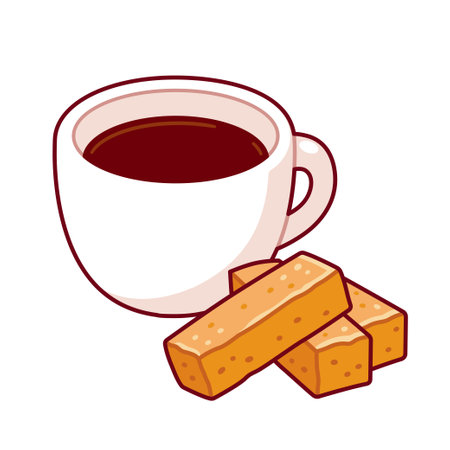 Beskuit, South African rusk, with cup of coffee or tea. Traditional breakfast snack. Cartoon drawing, vector clip art illustration.のイラスト素材