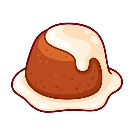 Malva pudding, traditional South African dessert with vanilla custard. Cartoon drawing, vector clip art illustration.のイラスト素材
