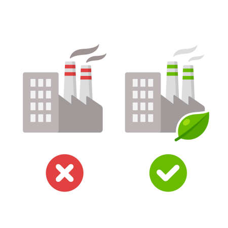 Traditional factory with smoke pollution and modern environmentally friendly plant with green leaf. Ecology and industry vector illustration.のイラスト素材