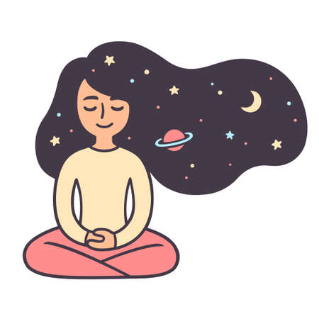 Young woman meditating with stars and space hair. Relaxation meditation for good night sleep. Cute girl doodle drawing, vector illustration.のイラスト素材
