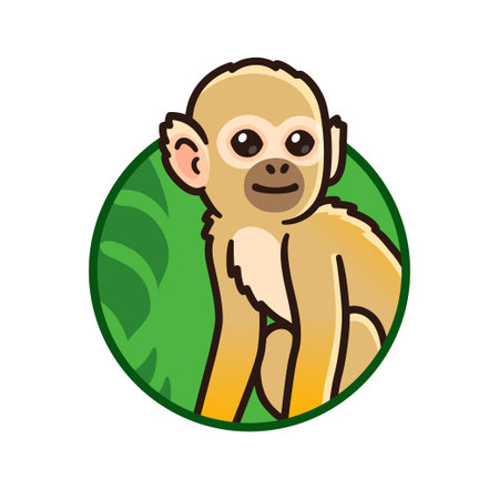Cute cartoon tropical rainforest squirrel monkey in circle logo. Vector clip art illustration.