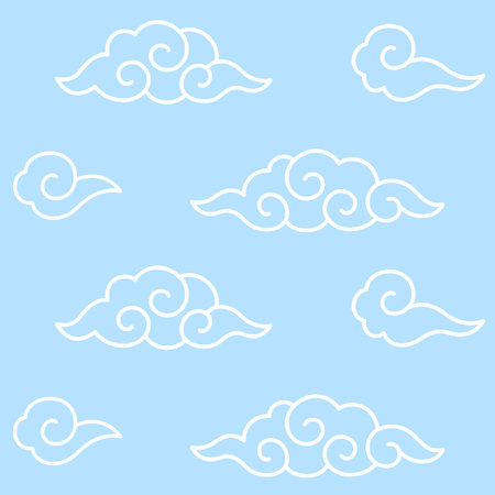 Traditional Chinese or Japanese clouds with spiral swirls. Seamless pattern, simple blue background. Vector illustration.のイラスト素材