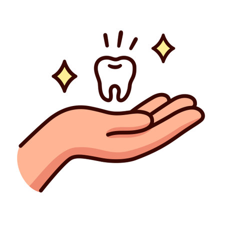 Cartoon hand holding tooth. Dental care, vector clip art illustration.のイラスト素材
