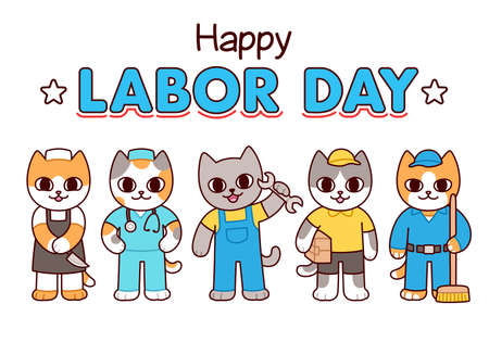 Happy Labor Day, cute kawaii cats of different professions. Funny cartoon working class characters. Vectorのイラスト素材